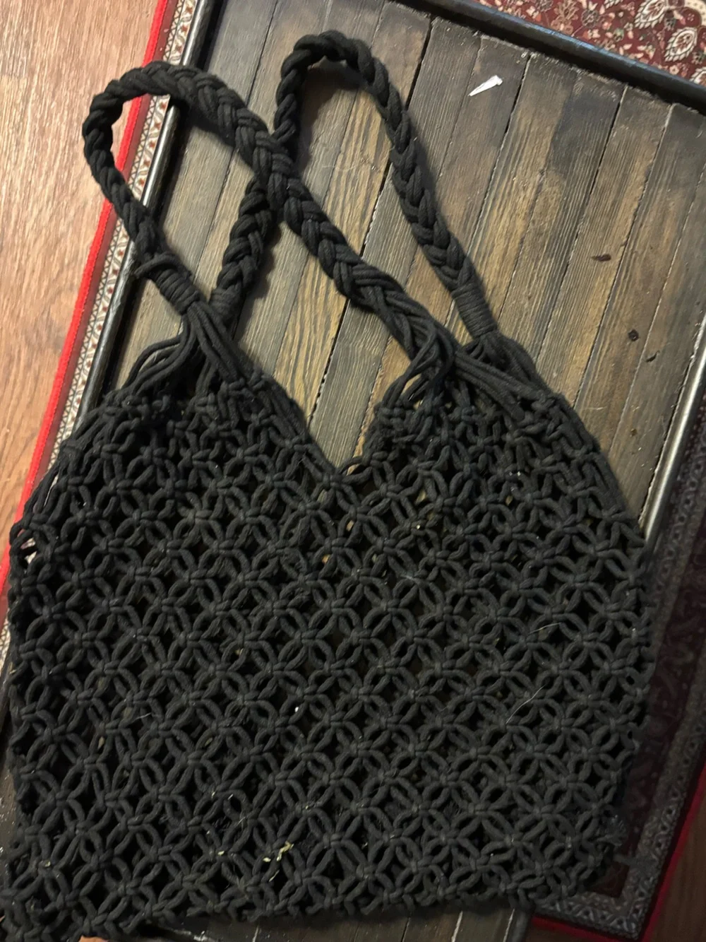 Hand-Knotted Black Macramé purse